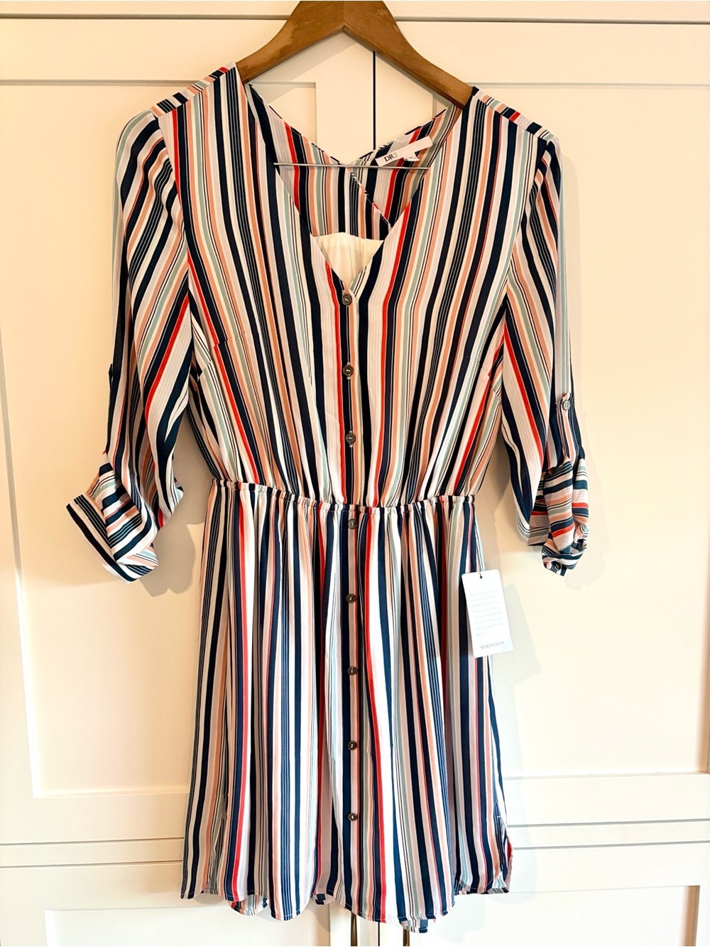 Nordstrom DR2 Striped Dress Lined Blue, Red, White elastic waist size XS